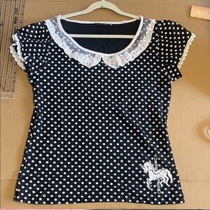 Black Polka Dot Lace Collar Tee with Carousel Horse Accent